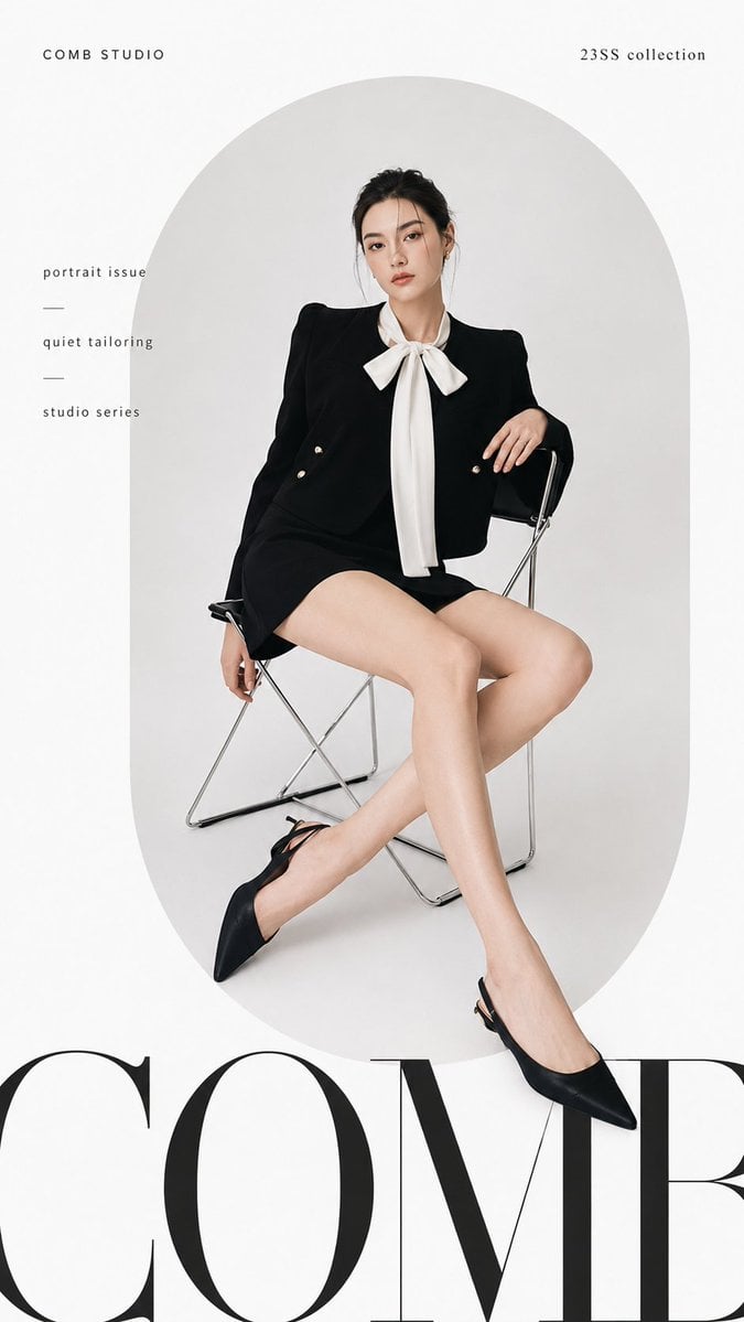 Create a high-end fashion editorial cover with strong typography, refined negati