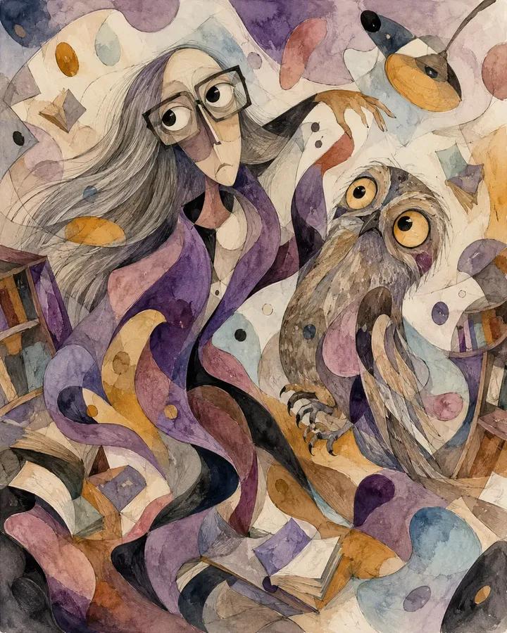 Abstract biomorphic mixed-media painting of [Human] with [Animal], caught in a d