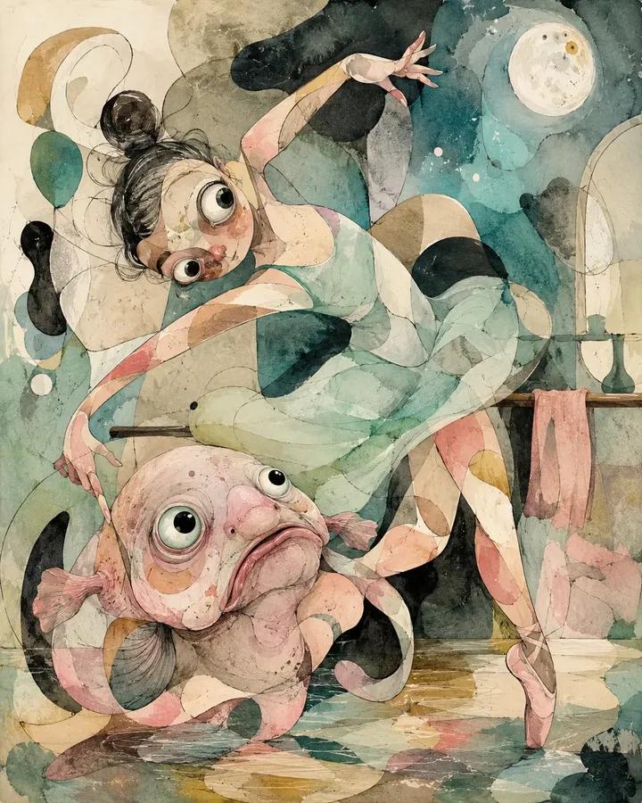 Abstract biomorphic mixed-media painting of [Human] with [Animal], caught in a d