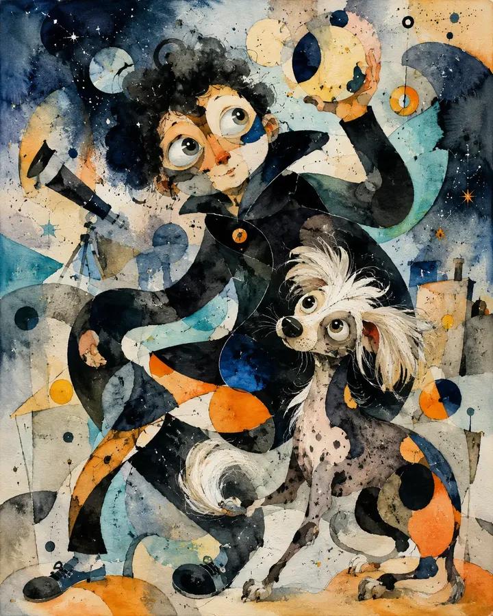 Abstract biomorphic mixed-media painting of [Human] with [Animal], caught in a d