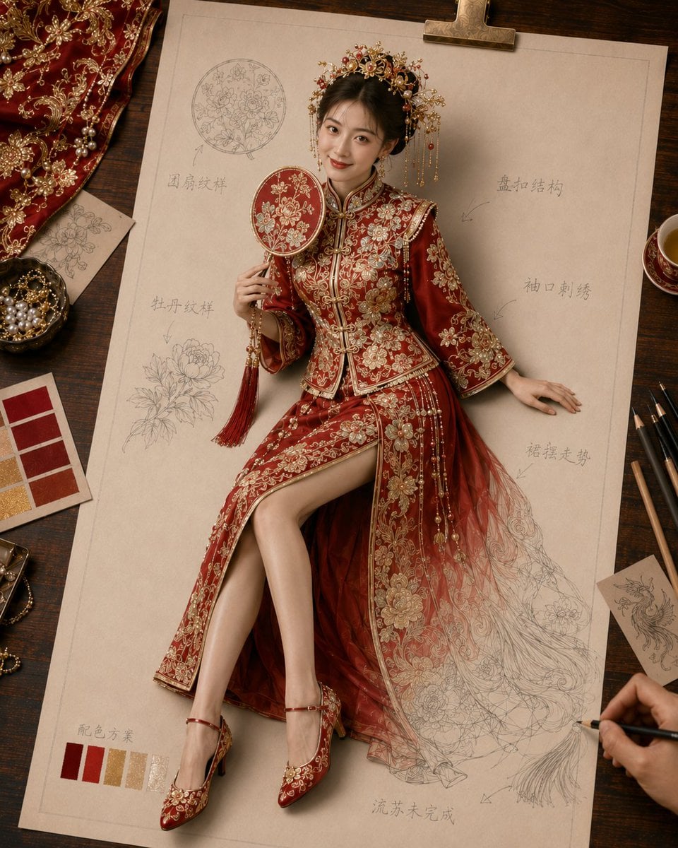 生成一张《纸上成真 · 东方嫁衣》风格图片，4:5 竖版。

主题为[主题]。画面是一张高级米白色嫁衣设定稿纸夹在木质画板上，放在温暖木色设计工作台。主体是一位