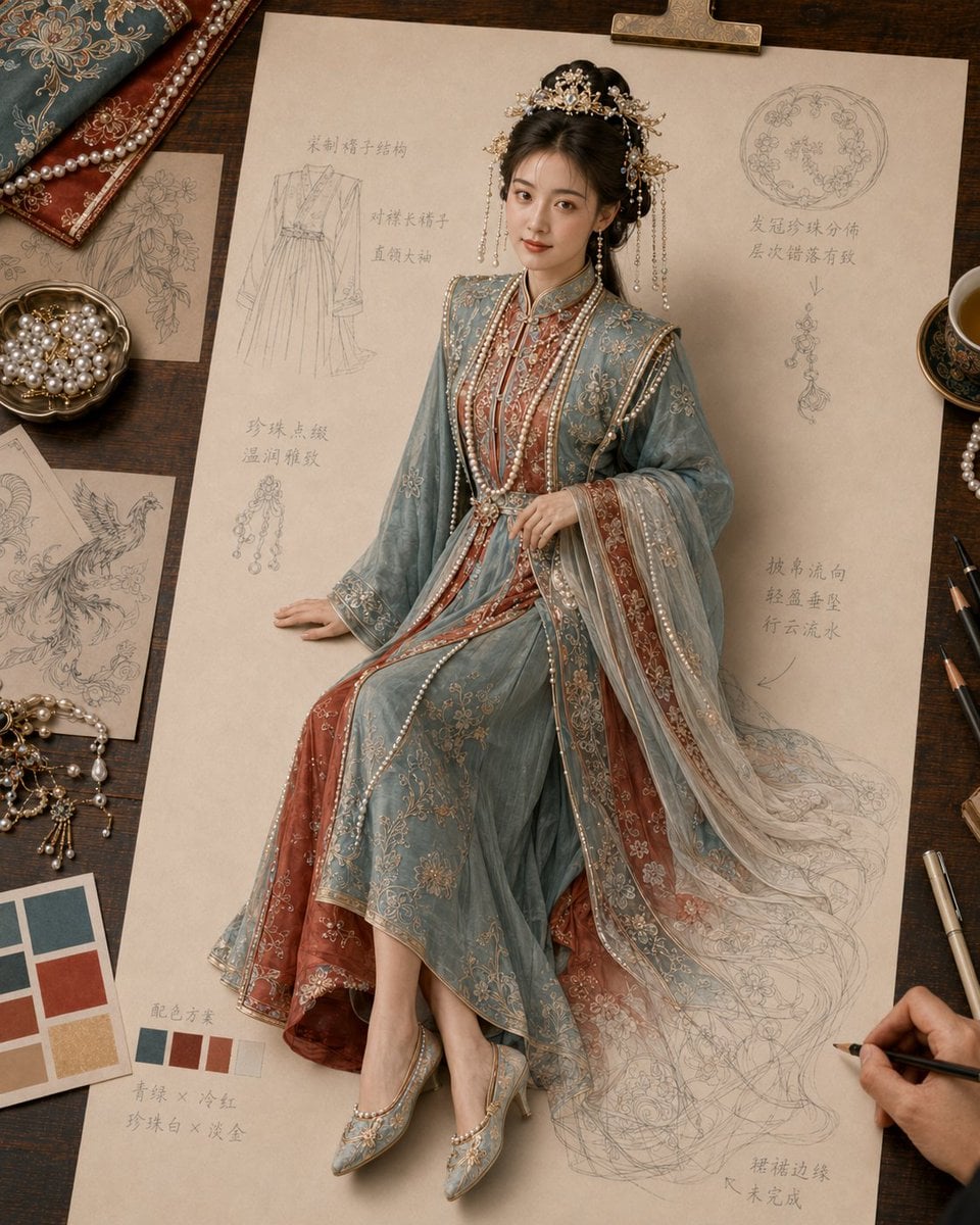 生成一张《纸上成真 · 东方嫁衣》风格图片，4:5 竖版。

主题为[主题]。画面是一张高级米白色嫁衣设定稿纸夹在木质画板上，放在温暖木色设计工作台。主体是一位