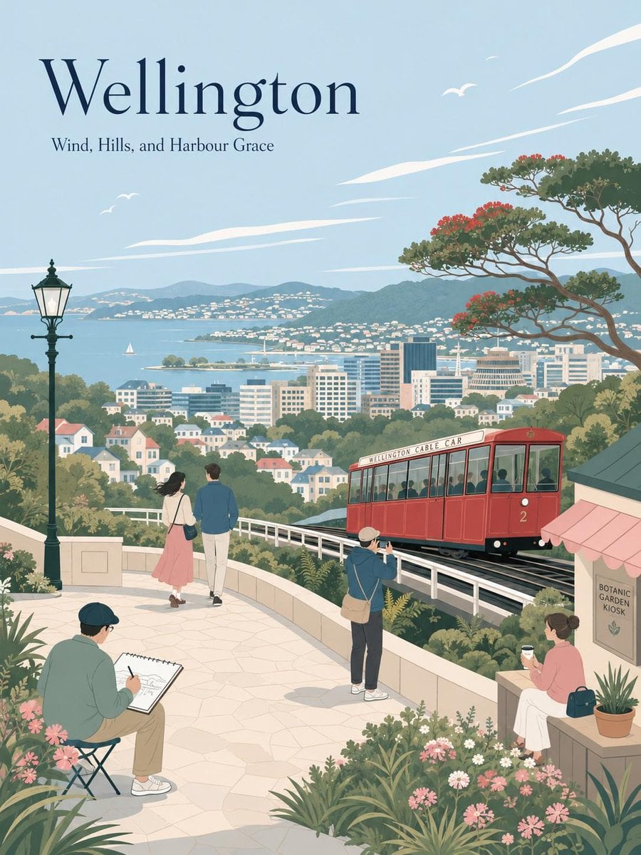 Create a minimalist travel poster illustration in a soft editorial flat-vector s