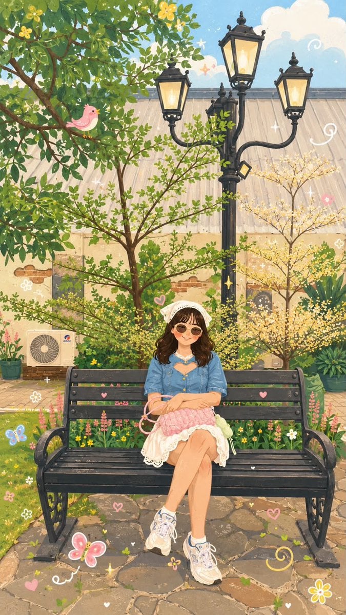 Transform the reference photo into a whimsical folk flat illustration with doodl