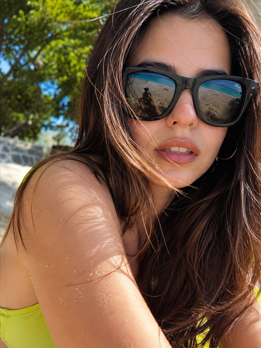 Create an ultra-realistic, 8K cinematic luxury beach portrait designed to instan