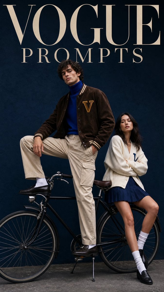 A cinematic fashion magazine cover with the bold text "PROMPTS" at the top, set 