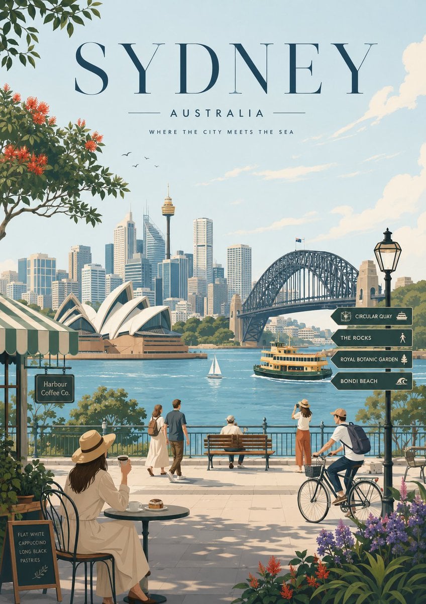 Create a minimalist travel poster illustration in a soft editorial flat-vector s
