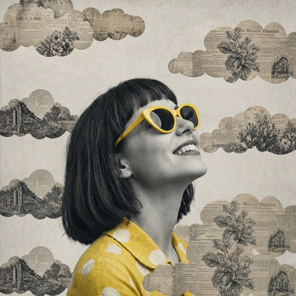 Surreal mixed-media collage artwork, black and white photograph of young woman w