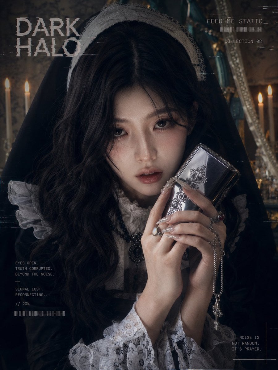 暗黑哥特洛丽塔人像写真，成年女性，黑色丝绒复古女仆裙，白色蕾丝荷叶边袖口与高领，黑色披肩头巾，银色十字架项链，复古戒指，尖形美甲，黑色玛丽珍高跟鞋，半透明黑色长