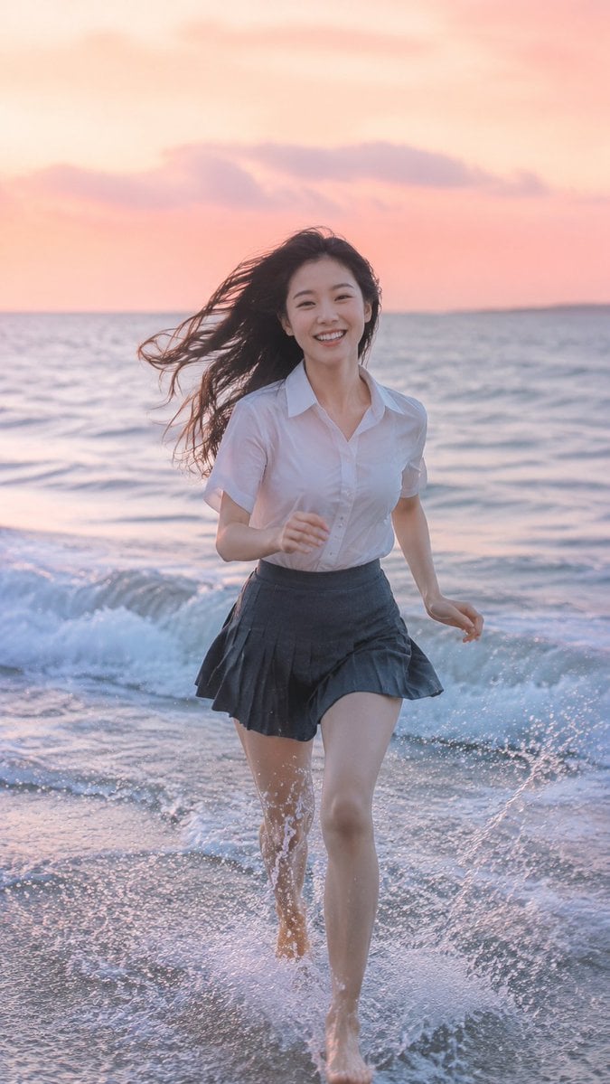9:16 vertical photorealistic beach running portrait. An adult East Asian young w
