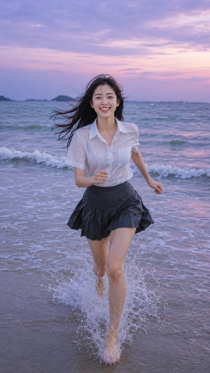 9:16 vertical photorealistic beach running portrait. An adult East Asian young w