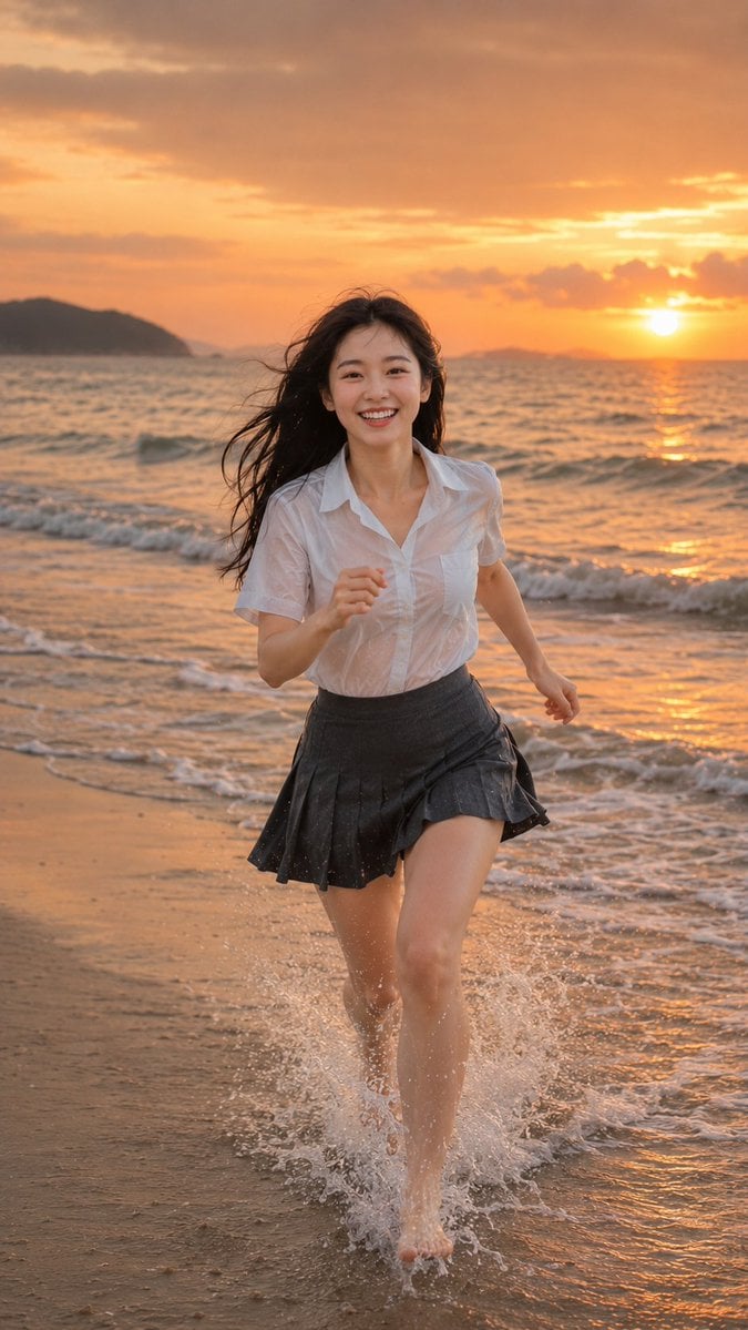 9:16 vertical photorealistic beach running portrait. An adult East Asian young w
