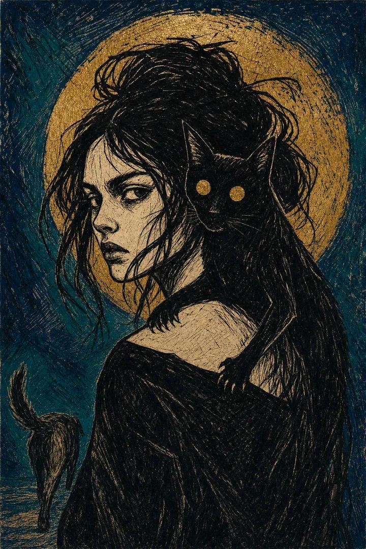 A dramatic Expressionist linocut print on raw, ink-textured paper. A young woman