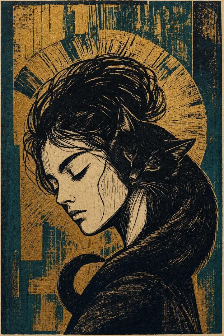 A dramatic Expressionist linocut print on raw, ink-textured paper. A young woman