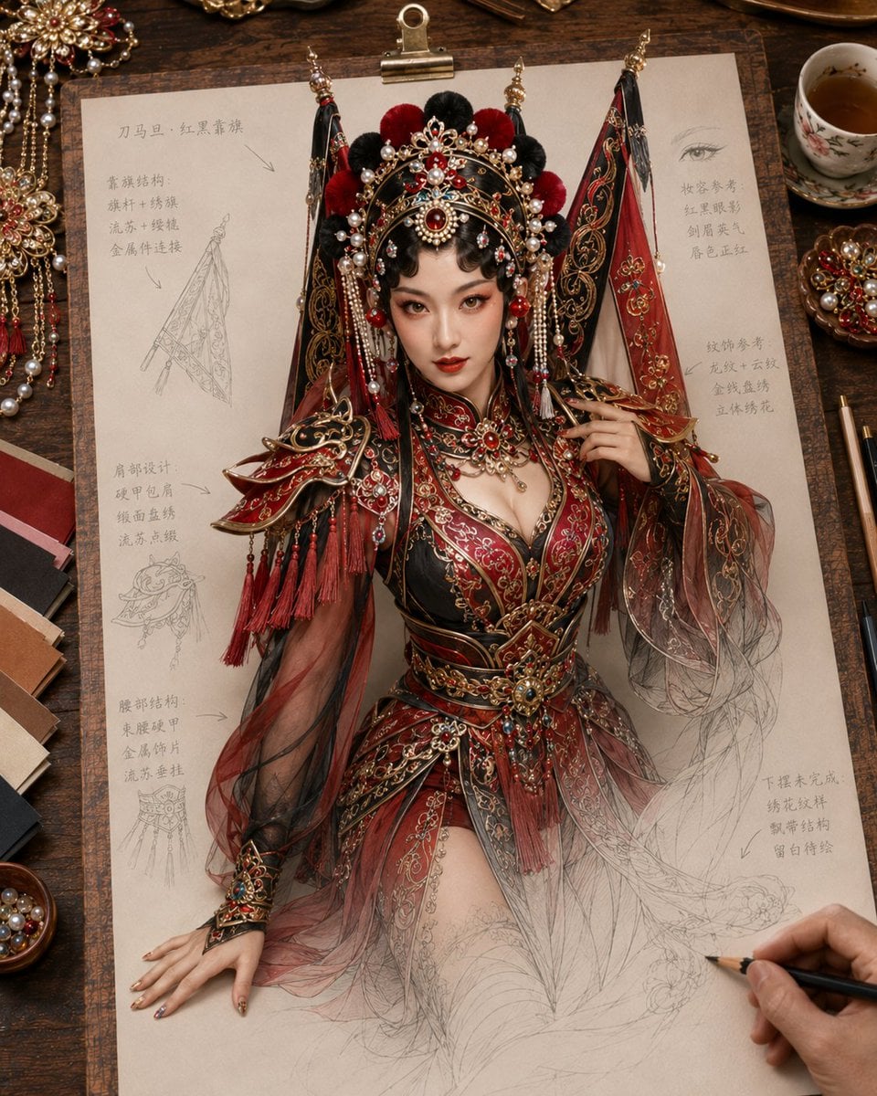 生成一张《纸上成真 · 戏韵妆造稿》风格图片，4:5 竖版。

主题为[主题]。画面是一张米白色戏曲妆造设定稿纸夹在木质画板上，置于温暖木色工作台。一位写实成年