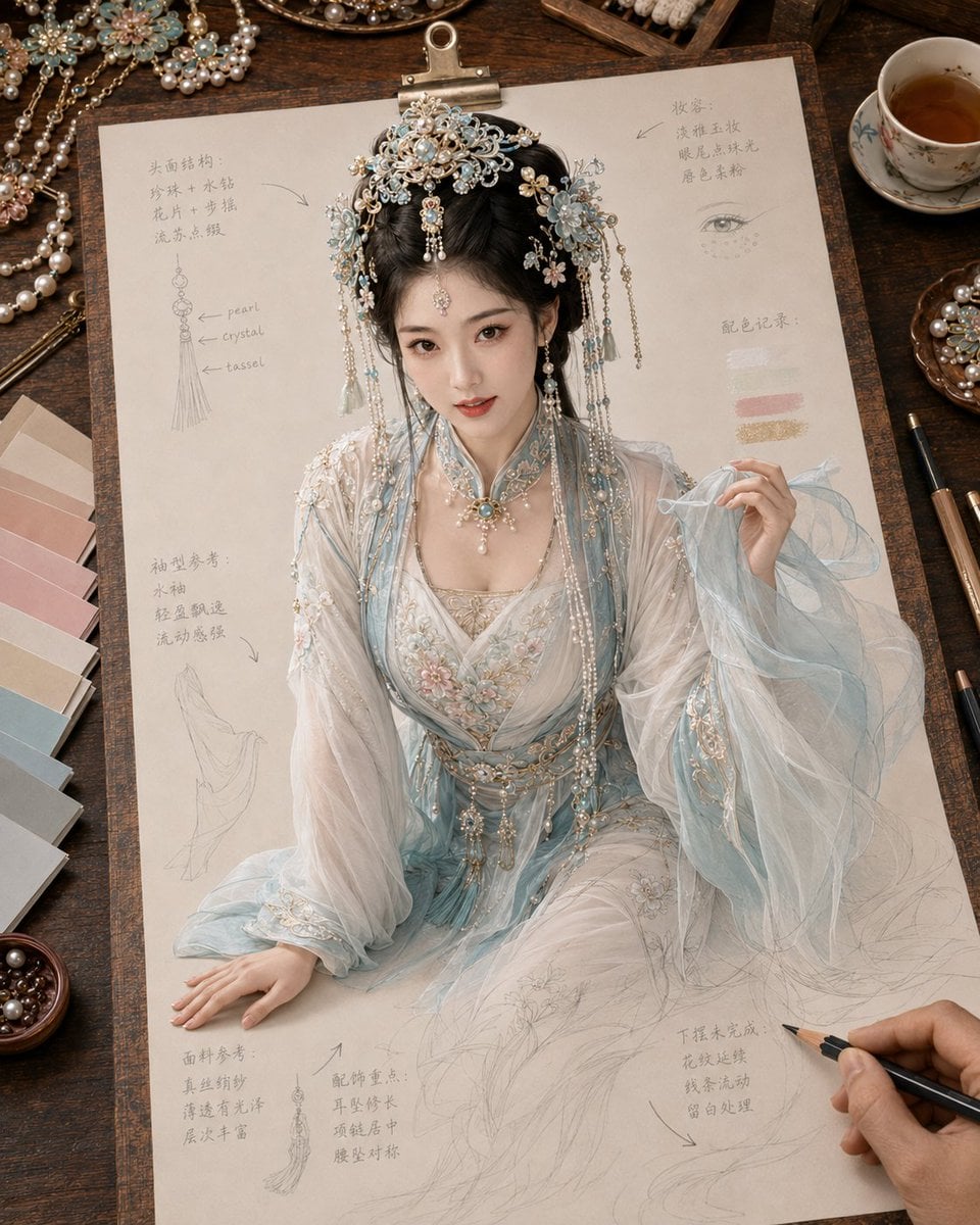 生成一张《纸上成真 · 戏韵妆造稿》风格图片，4:5 竖版。

主题为[主题]。画面是一张米白色戏曲妆造设定稿纸夹在木质画板上，置于温暖木色工作台。一位写实成年