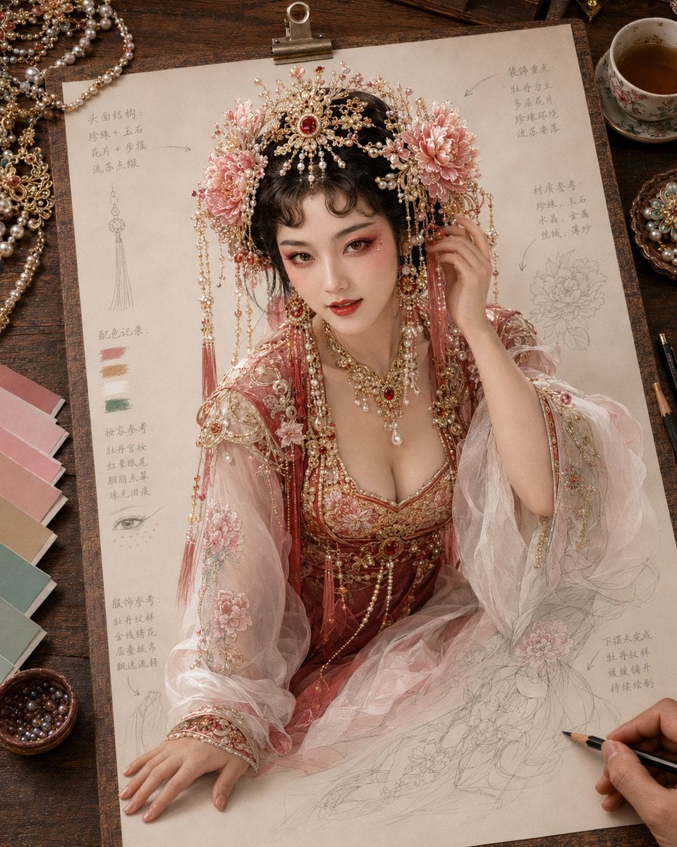 生成一张《纸上成真 · 戏韵妆造稿》风格图片，4:5 竖版。

主题为[主题]。画面是一张米白色戏曲妆造设定稿纸夹在木质画板上，置于温暖木色工作台。一位写实成年