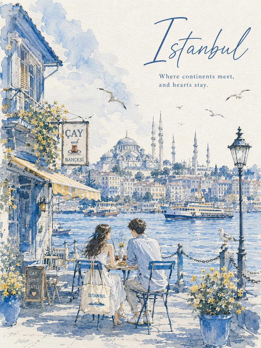 Create a 3:4 vertical watercolor urban sketch travel poster on textured handmade