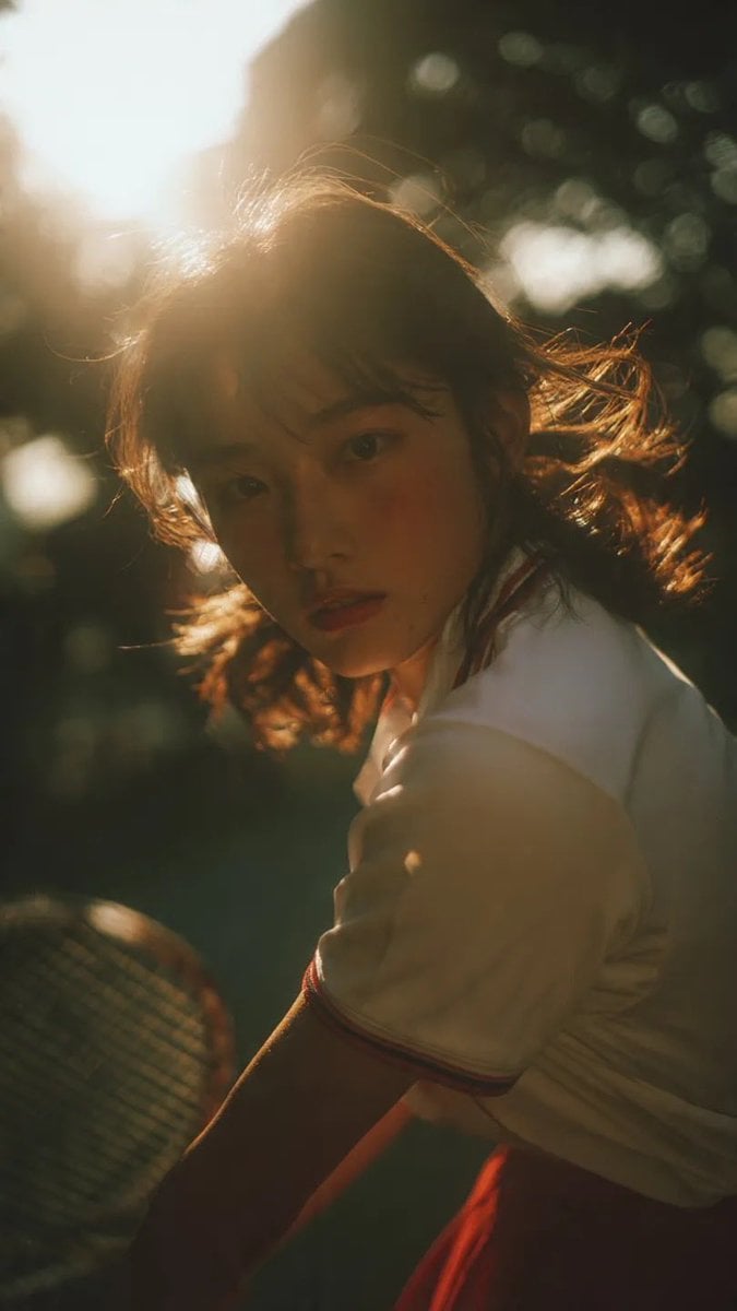 Cinematic middle shot of a Japanese teenage girl in tennis uniform, captured can