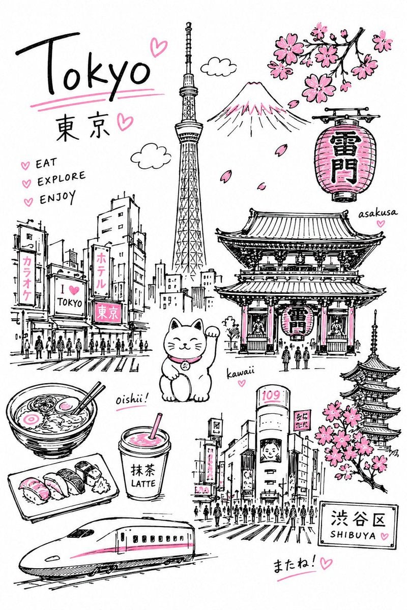 Create a charming editorial travel illustration of [Destination] in a simple han