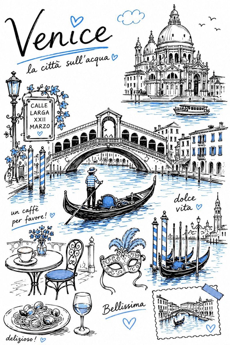 Create a charming editorial travel illustration of [Destination] in a simple han