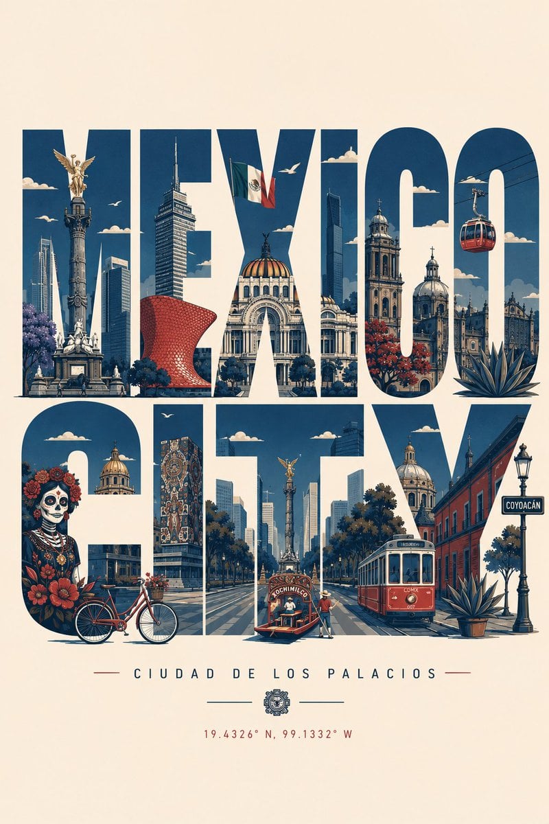 Create a clean, modern typographic travel poster where the city name itself beco