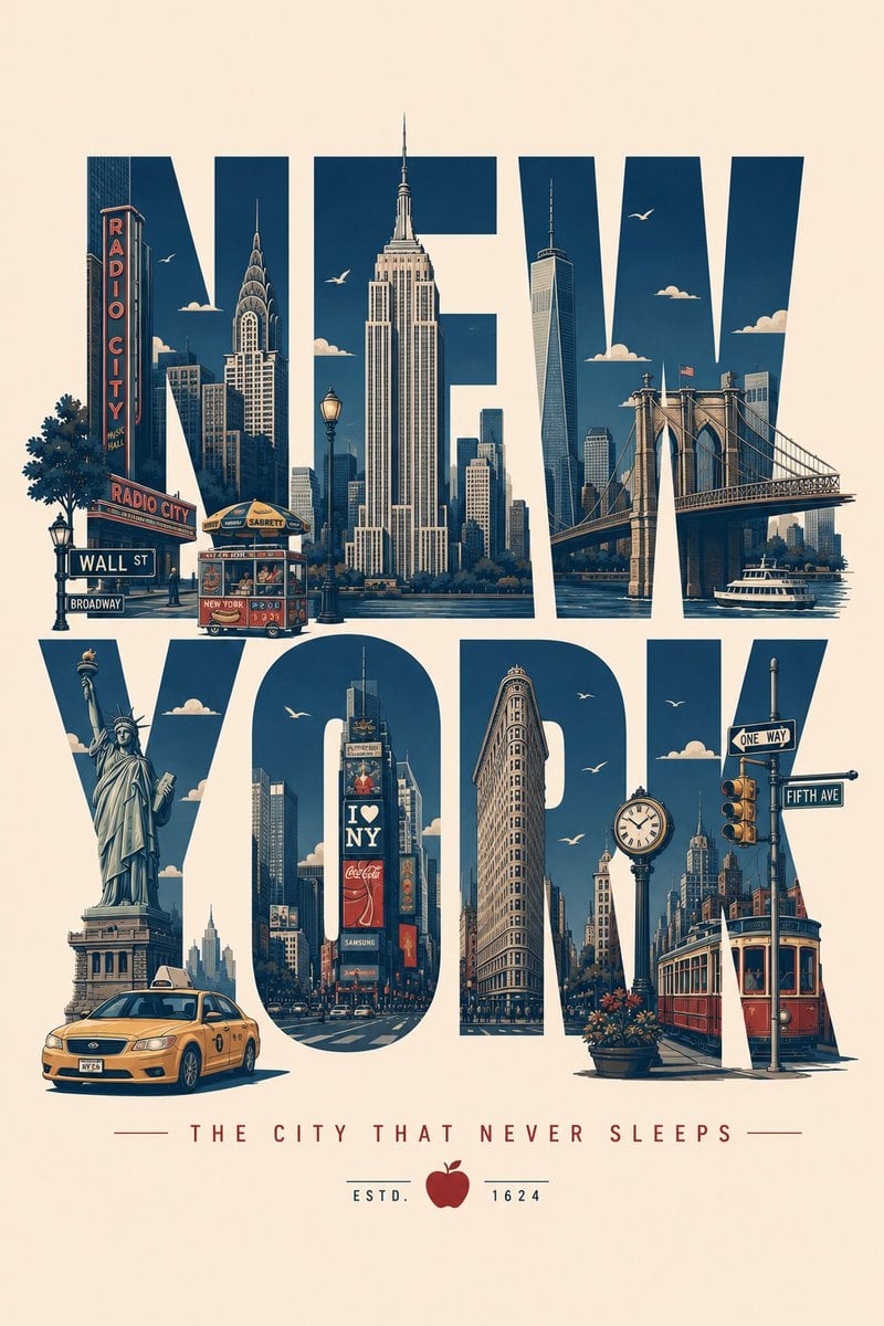 Create a clean, modern typographic travel poster where the city name itself beco