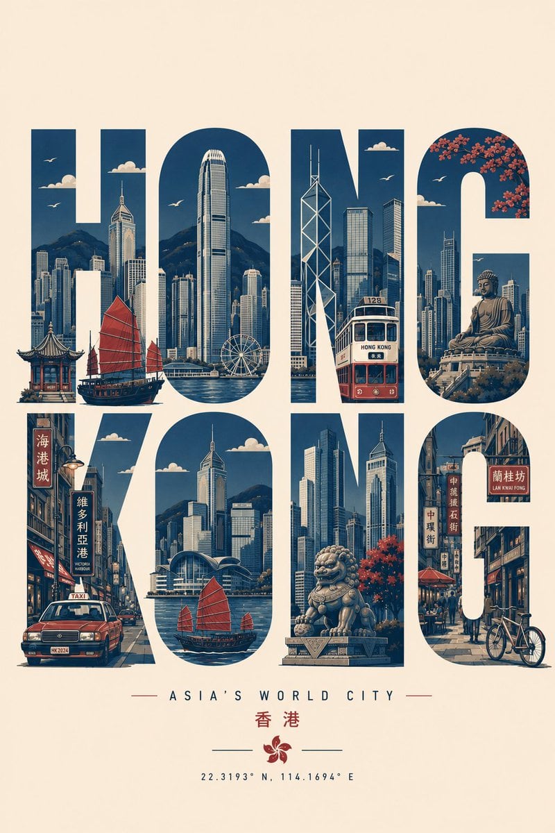 Create a clean, modern typographic travel poster where the city name itself beco