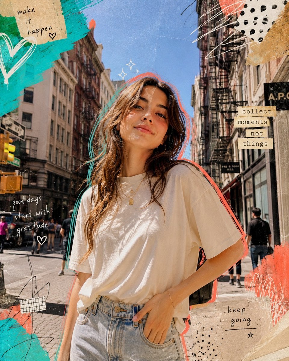 Ultra-realistic editorial street portrait of a young woman standing on a lively 
