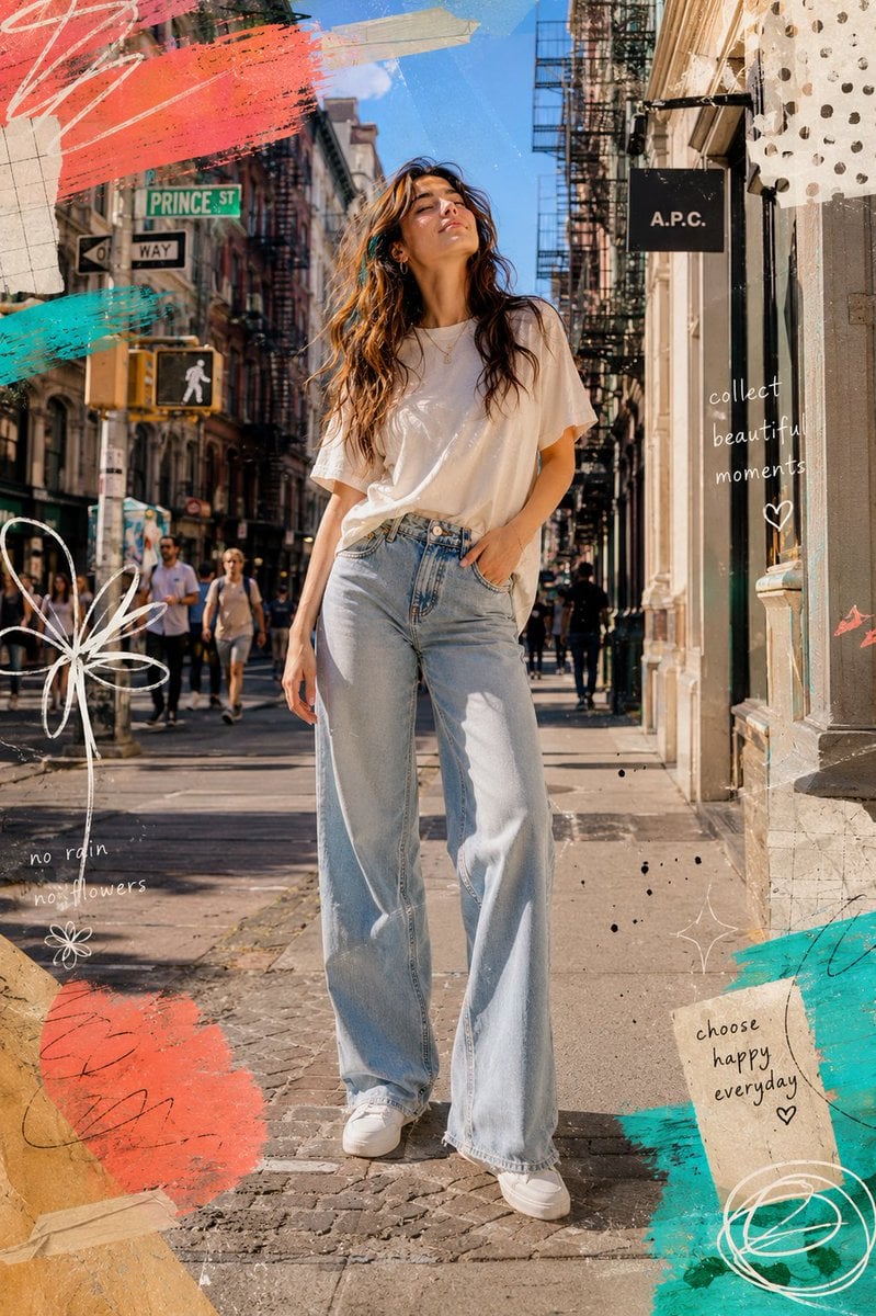 Ultra-realistic editorial street portrait of a young woman standing on a lively 