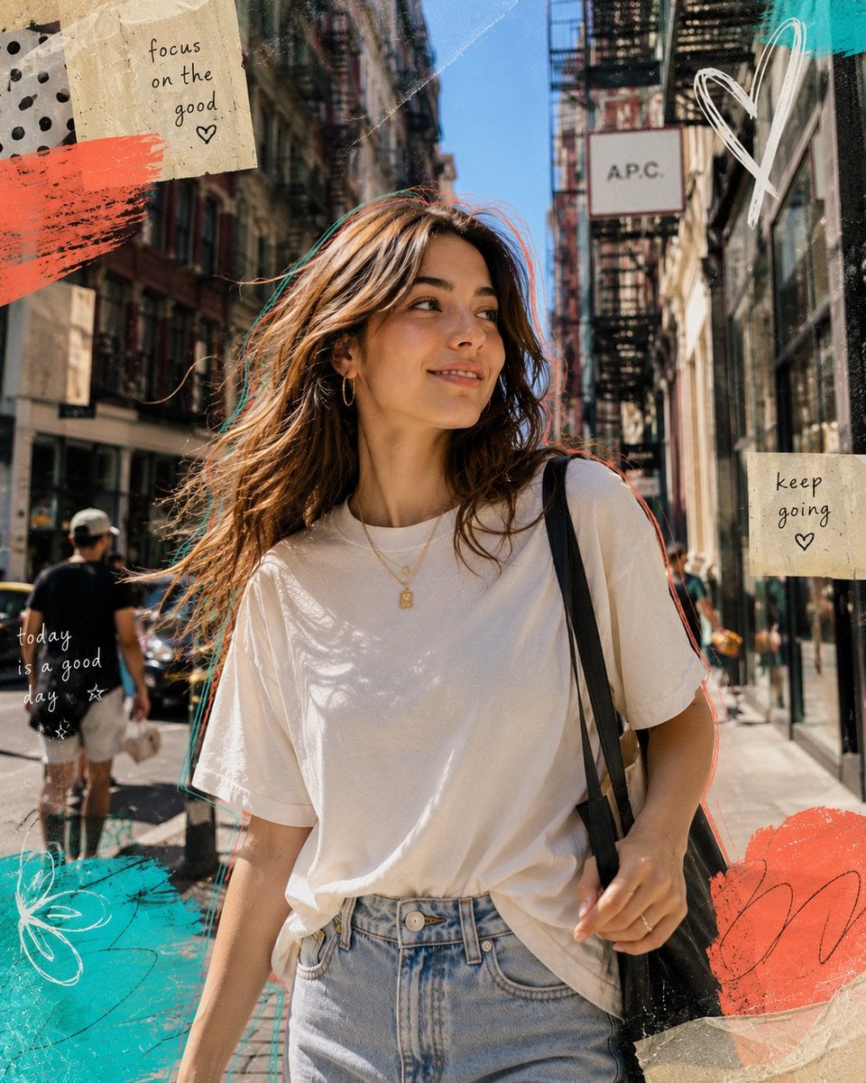 Ultra-realistic editorial street portrait of a young woman standing on a lively 