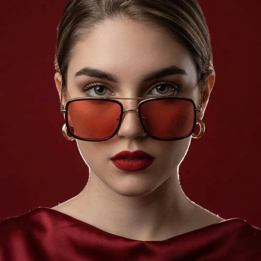 High-fashion beauty portrait of young woman with sleek center-parted brunette ha