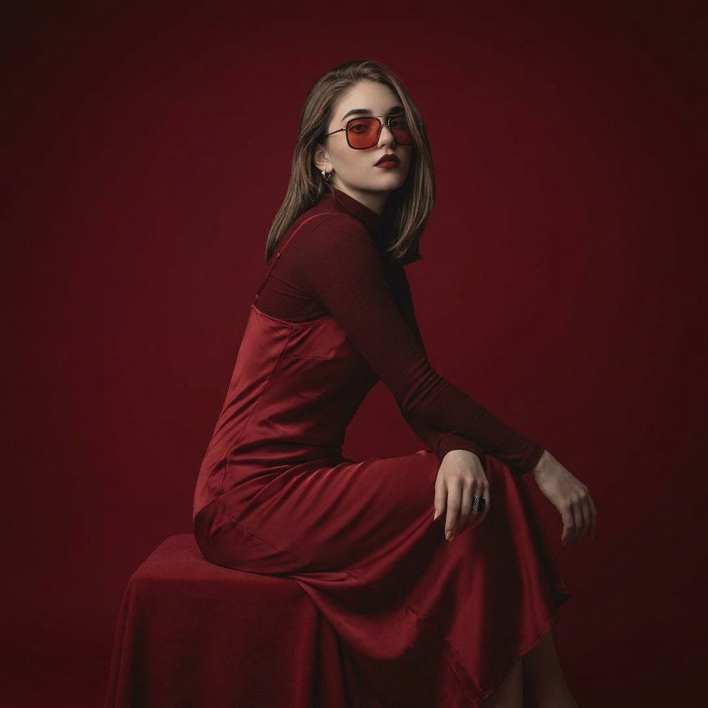 High-fashion beauty portrait of young woman with sleek center-parted brunette ha