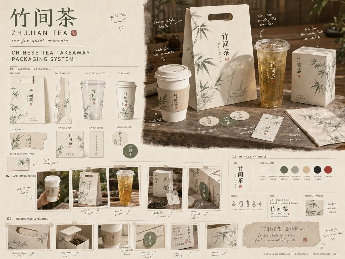 生成一张横版 4:3 高清写实品牌包装设计提案板，主题是[产品品类]外带包装系统。

品牌名：[品牌名]
slogan：[品牌口号]
系统标题：[TAKEAWA