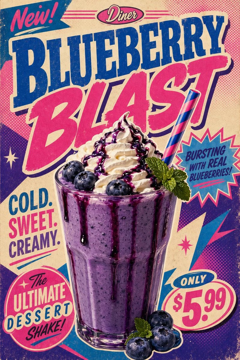 Create a bold retro pop-art poster for a Blueberry Dessert Shake.
Use a thick bl