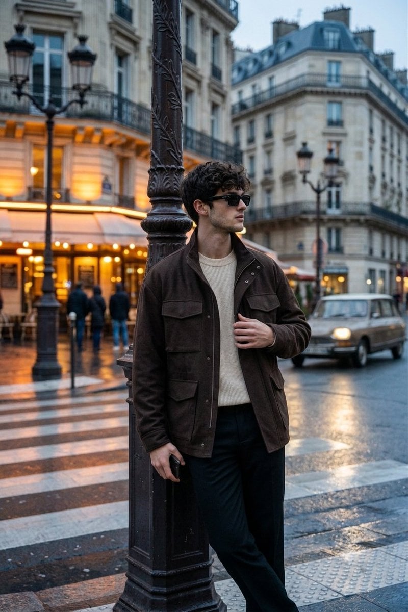 Create a luxury travel fashion editorial portrait of a young man standing on a r