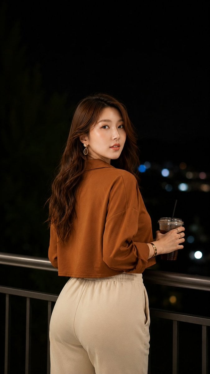 Prompt 1: Ultra-realistic night portrait of a stylish young woman standing on a 
