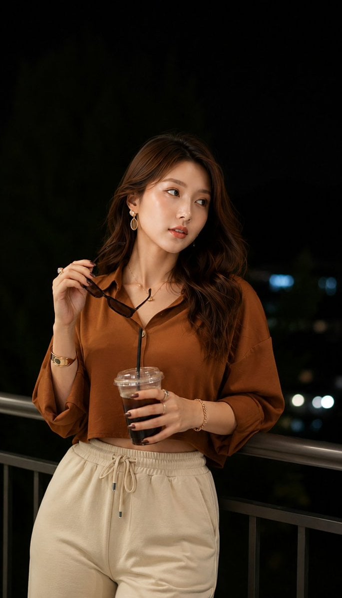 Prompt 1: Ultra-realistic night portrait of a stylish young woman standing on a 