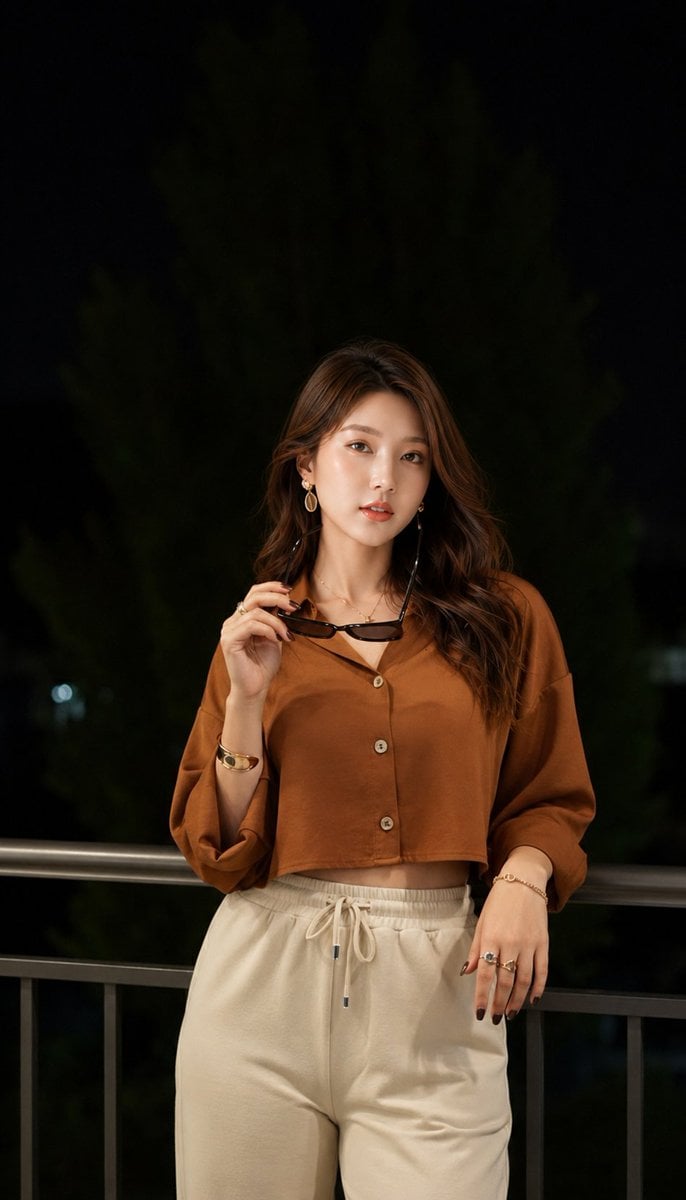 Prompt 1: Ultra-realistic night portrait of a stylish young woman standing on a 