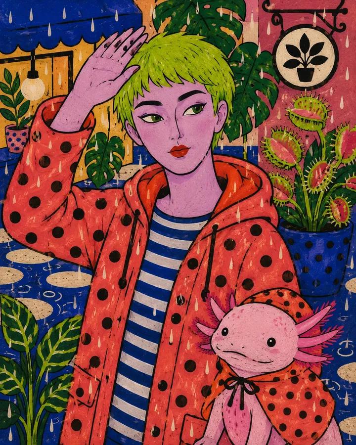 Flat hand-painted folk fashion illustration of [Human], wearing [Clothing], pose