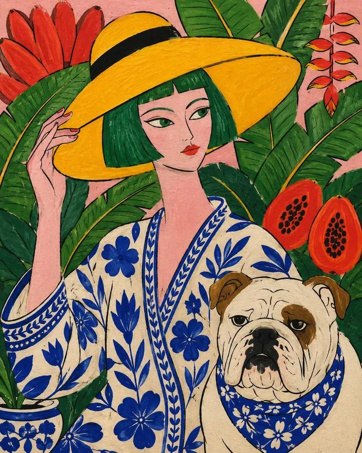 Flat hand-painted folk fashion illustration of [Human], wearing [Clothing], pose