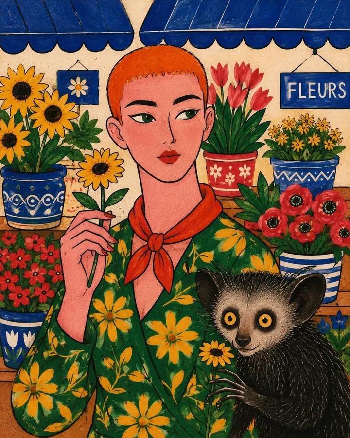 Flat hand-painted folk fashion illustration of [Human], wearing [Clothing], pose