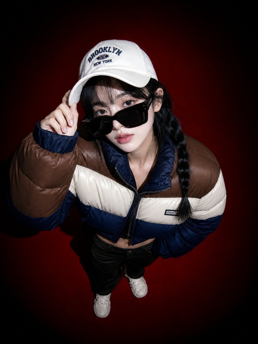 A high-angle fisheye lens shot of a male model looking up at the camera against 