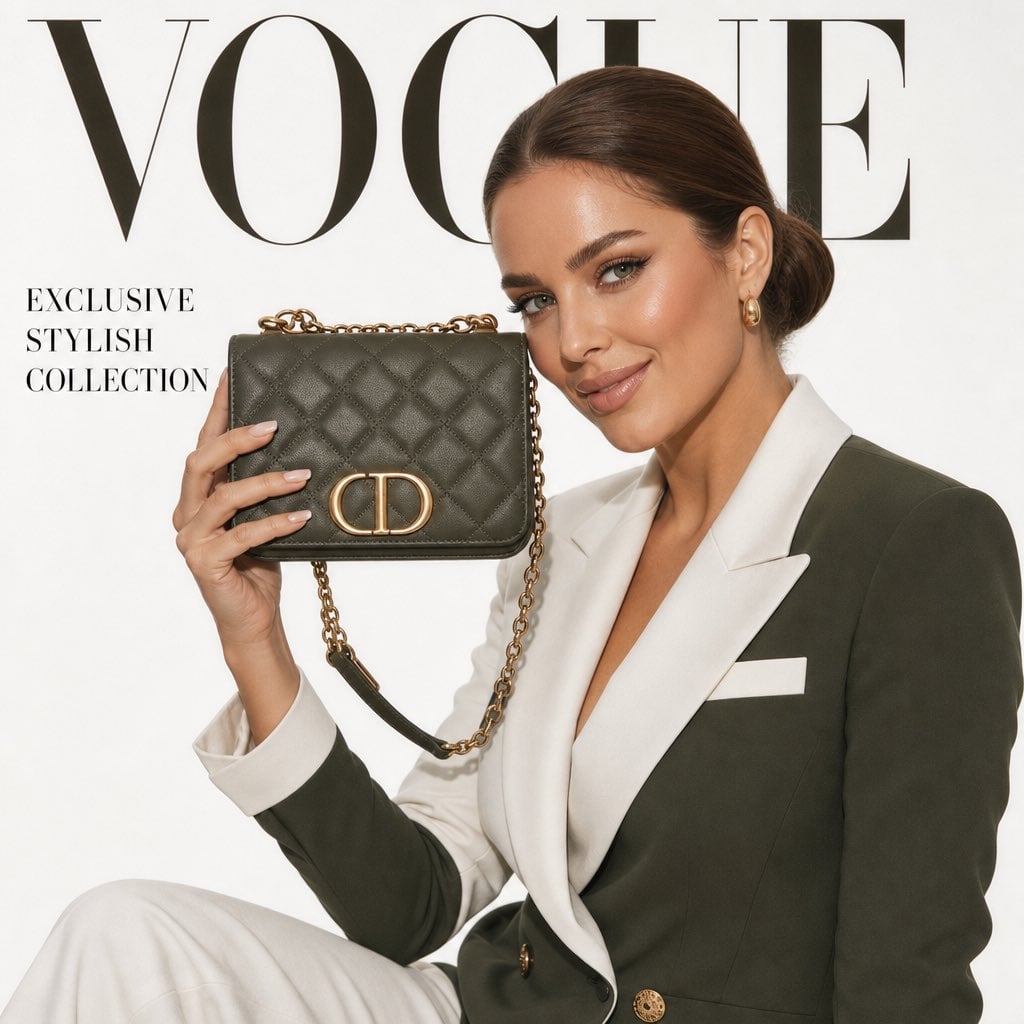 Ultra-realistic luxury fashion brand campaign magazine cover featuring an elegan