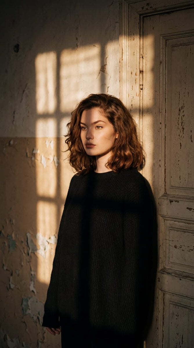 A cinematic portrait of me standing against an old, weathered wall beside a vint