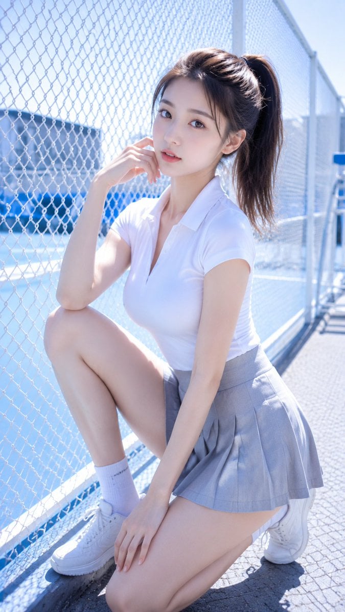 摄影风格：冷白清透CCD生活照风 
写真方向：清爽生活照 
场景方向：户外网球场外侧 / 白色围网 / 浅蓝看台 / 明亮球场边 
服装方向：冷白色贴身Polo
