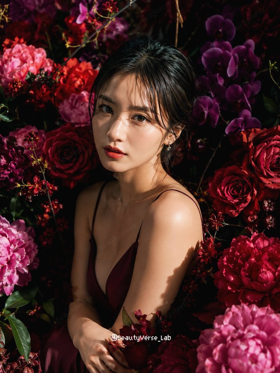 漂亮日本美少女，上半身構圖，直視鏡頭，真實自然膚理，妝容精緻。人物沉浸在濃密壯觀的花海之中，四周盛開著深紅玫瑰、深紫蘭花與鮮豔粉色牡丹，花朵層層包圍，強烈側光照