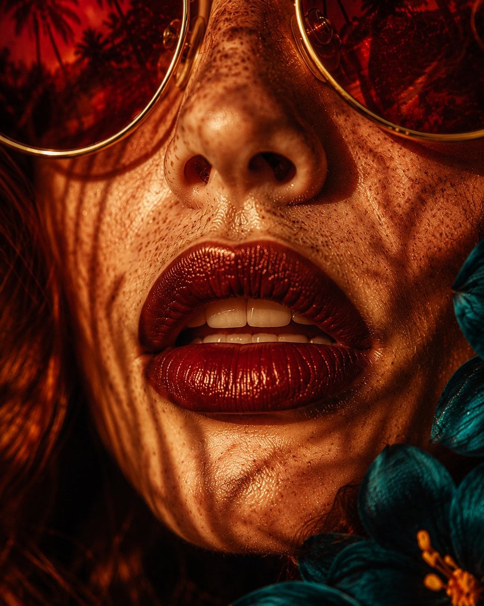 Wide summer editorial poster, young woman with auburn hair and round red-tinted 
