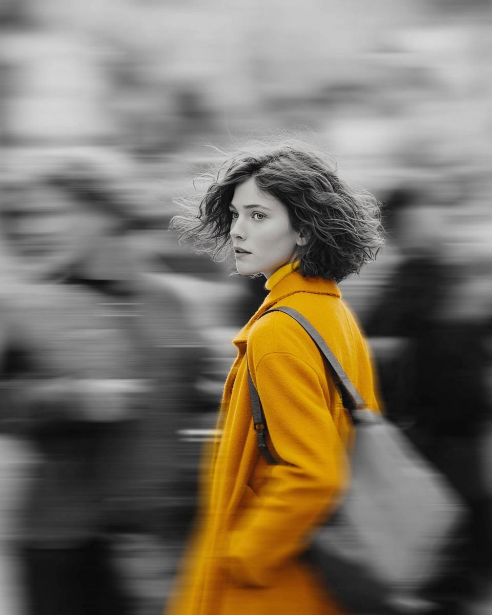 A cinematic street portrait of a beautiful young woman wearing a vibrant mustard