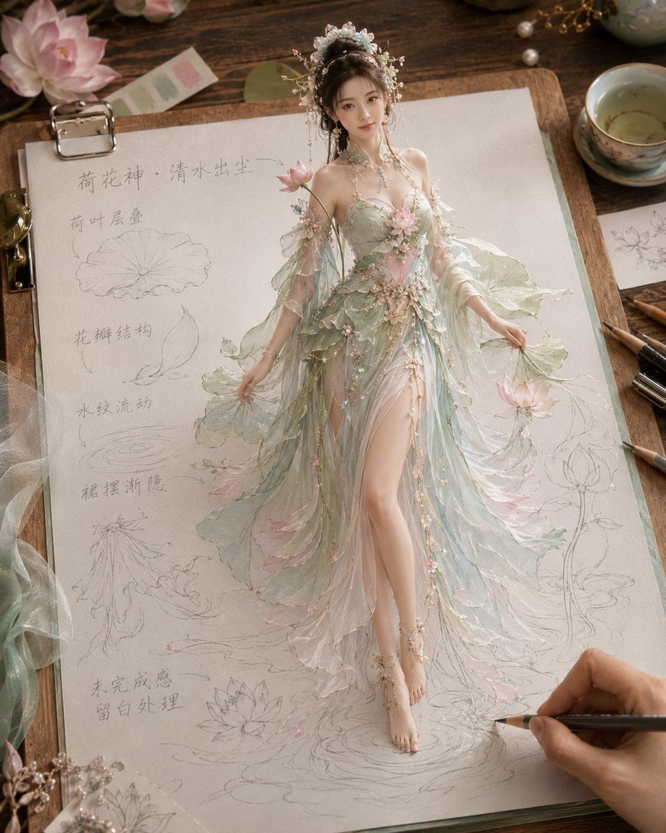 生成一张《纸上成真 · 四时花神衣谱》风格图片，4:5 竖版。

主题为[花神主题]。画面是一张高级米白色花神服饰设定稿纸夹在木质画板上，放在温暖木色设计工作台